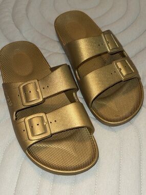 Double Buckle Metallic Slide Sandals - Shimmery Gold